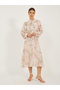 Printed Balloon Sleeves Tie-Up Neck Shirt Midi Dress