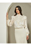 Jacquard Balloon Sleeve Blouse with Ruffle Detail