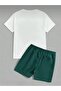 Men's Green White Oversize Little Bear Printed Crew Neck T-Shirt Shorts Set - 2