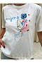 Women's Ecru Text Embroidered Short Sleeve T-Shirt - 3