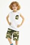 Crew Neck Zero Sleeve Camouflage Printed Pocket Ecru Color Boy's Capri Suit - 4
