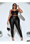 Women's Plus Size Black, Back Pocket, Disco Leather Covered, High Waist Skinny Pants 65N38799 - 6
