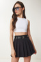Belted Pleated Mini Woven Skirt Black Ldw0004 - 3