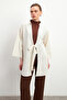 Women's Ecru Binding Detailed Flam Linen Kimono - 2
