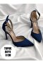 Navy Blue Satin Heeled Stone Stiletto Evening Dress Shoes Heel Height 9 cm