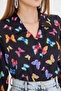 Women's Black V-Neck Balloon Sleeve Patterned Shirt Arm-25Y 001016 - 5