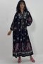 Women's Black Buttoned Placket Neckline Decent Balloon Sleeve Loose Long Dress