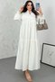 Women's White Scalloped Prevailing Collar and Sleeve Rubber Detail Long Sleeve Long Dress