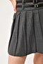 Smoked Pleated Mini Skirt with Double Belt Detail - 4