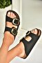 P 777517402   Black Suede Double Striped Women's Slippers