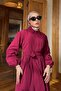 Burgundy Dress with Half Buttons and Elastic Waist - 7