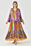 Magnifying Collar and Button Floral Print Midi Dress - Balloon Sleeve, Wide Flared 3412