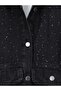 Stone Detailed Denim Jacket with Flap Pockets - Black - 5