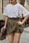 Khaki Full Pleated Belted Lined Shorts Women's Mini Skirt - 4
