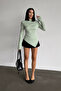 Women's Aqua Green Draped Boat Neck Asymmetrical Lycra Knitted Blouse - 5