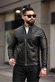 Men's Premium Sleeves and Pockets Zipper Detailed Seasonal Leather Jacket with Snap Fastener Collar - 2