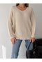 Women's Beige V-Neck Thessaloniki Knit Oversize Knitwear Sweater - 2