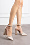 Nude Satin Rhinestone Block Heeled Shoes