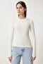 Women's Black Crew Neck Finger Snap Long Sleeve Stretchy Body Blouse White - 3