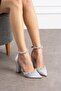 Gray Satin Stone-Embellished Block Heel Shoes - 2