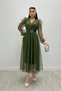 Tulle Fabric Wrap Neckline Dress with Stone Belt Detail - KHAKI GREEN