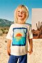 Unisex Kids Sunset Printed Cream T-Shirt and Blue Striped Pants Set