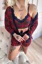 Red Plaid Patterned Bamboo Crop Women's Pajama Set with Dressing Gown and Shorts - 5