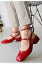 Karx Red Patent Leather Open Back Square Toe Helmet Short Block Heeled Shoes - 2
