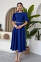 Atlas Fabric Round Neck Princess Sleeve Design Midi Length Flared Cut Cobalt Blue Evening Dress 220