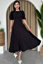 Black Atlas Fabric Round Neck Princess Sleeve Design Midi Length Flared Cut Black Evening Dress 220