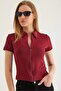 Polo Neck Zippered Camisole Blouse Claret Red - 5