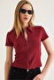 Polo Neck Zippered Camisole Blouse Claret Red