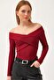 Ottoman Fabric Cross Collar Detail Blouse Claret Red