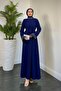 Navy Blue Mimosa Sleeves Stone Crepe Evening Dress - 3