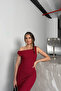 Bubble Knitted Fabric One Shoulder Off Long Burgundy Dress - 2
