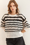 Women's White Black Striped Openwork Crew Neck Seasonal Knitwear Blouse Blz- 19002848 - 4