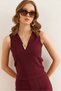 Women's Burgundy Neck Garnished Crop Ribbed Blouse Blz- 19002850