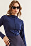 Women's Navy Blue Front Stitching Detail Stand Collar Soft Textured Lycra Blouse Blz- 19002852 - 5