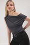 Anthracite More Sustainable Fluid Fabric Fitted Asymmetric Collar Modal Premium Knitted Blouse Twoss25Bz00398 - 2
