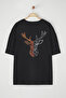 Siyah Büyük Beden Oversize/Geniş Kesim Geyik Baskılı %100 Pamuk T-Shirt TMNSS25BF00026 - 3