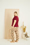 Burgundy Patterned Curve Plus Size Oversize Lace Detailed Cotton Pajama Set 25103715 - 3