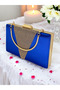 Cobalt Blue Satin Rosegold Stone Metal Handle Evening Bag Evening Bag Clutch Bag - 8