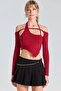 2459 burgundy blouse with neckline and drawstring detail