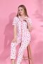 طقم بيجامة نسائي محبوك بأكمام قصيرة وأزرار وردية اللون - 3