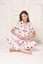 Women's White Buttoned Ribbed Knitted Short Sleeve Red Little Heart Pajama Set - 6
