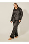 Plus Size Satin Faux Feather Trim Shirt and Pyjama Pants Set