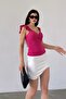 Women's Double-Breasted Collar Blouse with Flounces on the Shoulders, Fuchsia - 2