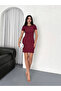 Crew Neck Short Sleeve Lycra Dress - Claret Red - 4