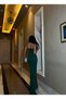 Women's Strap Neck Detailed Skuba Long Slit Evening Dress Graduation Lycra Dress Emerald Green - 5