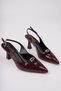 Women's Burgundy Stone Buckle Detailed Stylish Elegant Heeled Shoes